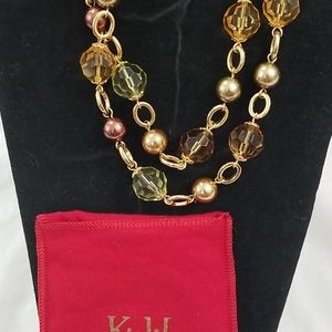 KJL Gold Necklace Beaded Pearls Long 44" faceted